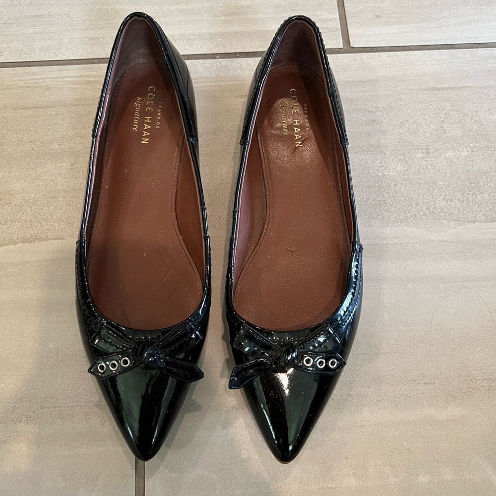 Cole Haan Black Patton leather pointed toe bowtie ballet flat